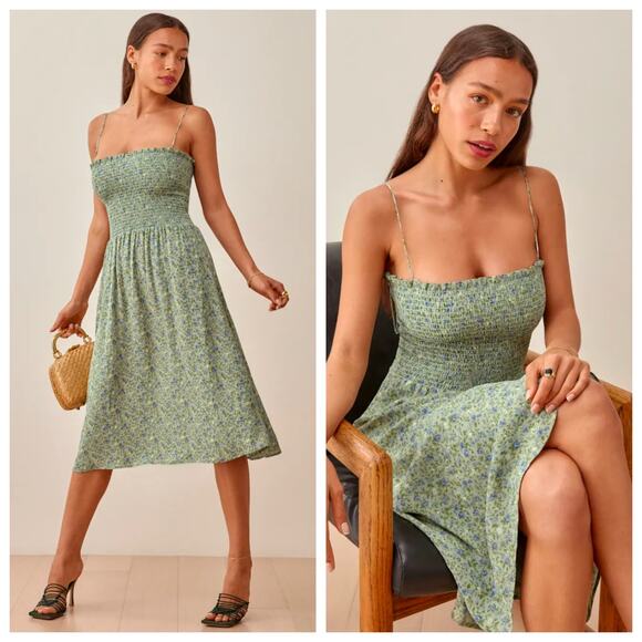 Reformation Dresses & Skirts - Reformation Sable Smocked Midi Dress Size Small Green Floral Spaghetti Strap